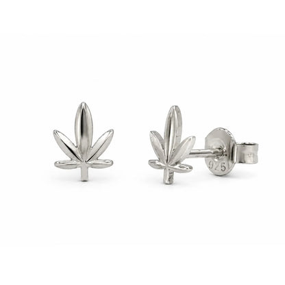 925 Sterling Silver Rhodium Plated Diamond Cut Cannabis Stud Earrings