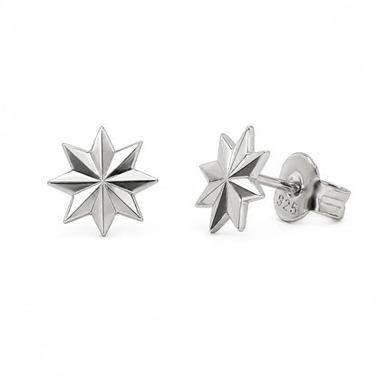 925 Sterling Silver Rhodium Plated Diamond Cut Starburst Stud Earrings