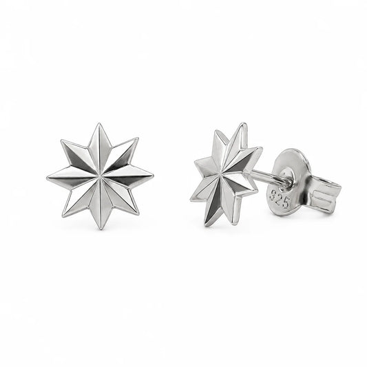 925 Sterling Silver Rhodium Plated Diamond Cut Starburst Stud Earrings