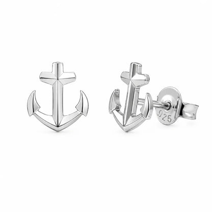 925 Sterling Silver Rhodium Plated Diamond Cut Anchor Stud Earrings