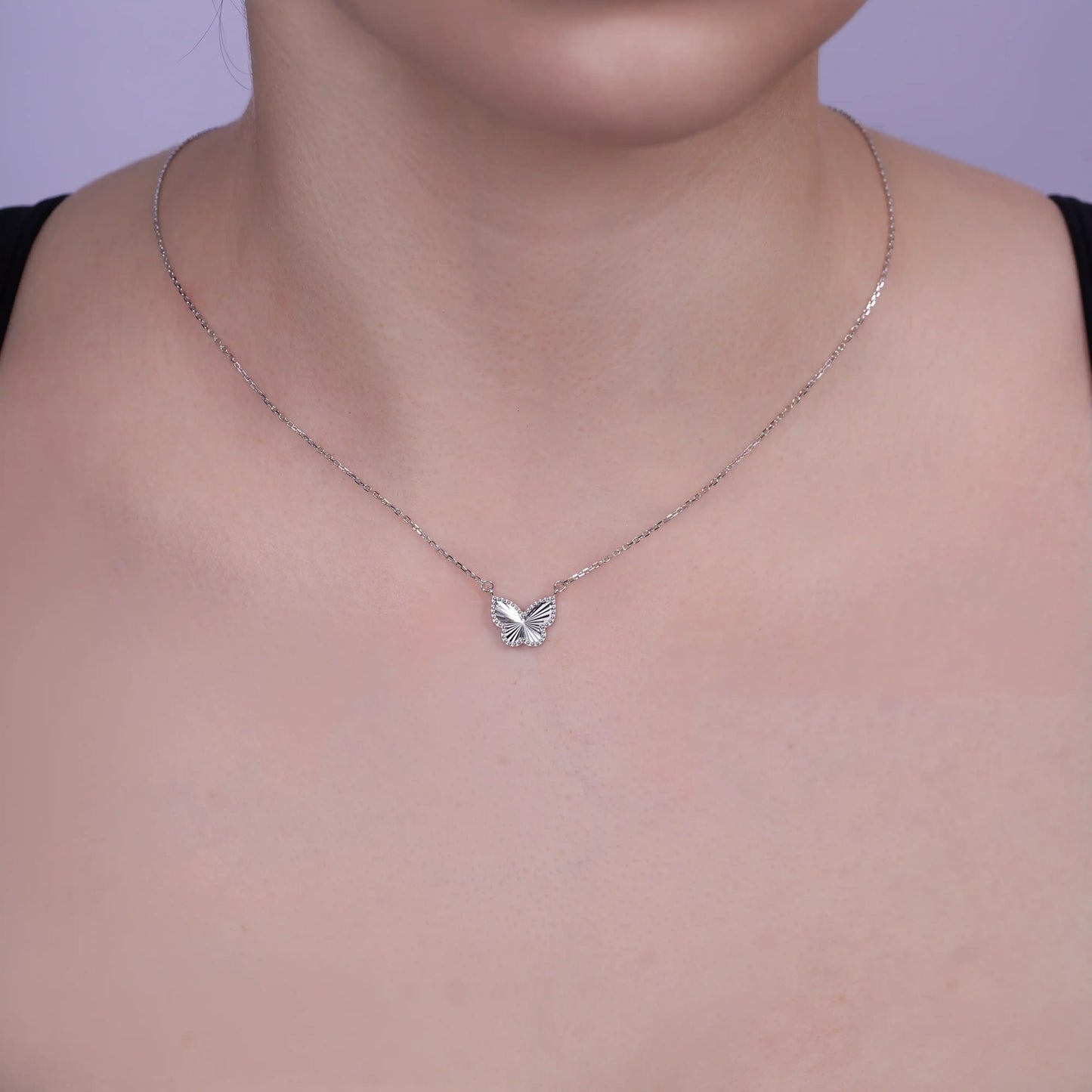 925 Sterling Silver Rhodium Plated 11.7mm x 10.9mm Diamond Cut Butterfly Adjustable Necklace