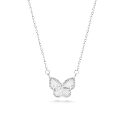 925 Sterling Silver Rhodium Plated 11.7mm x 10.9mm Diamond Cut Butterfly Adjustable Necklace