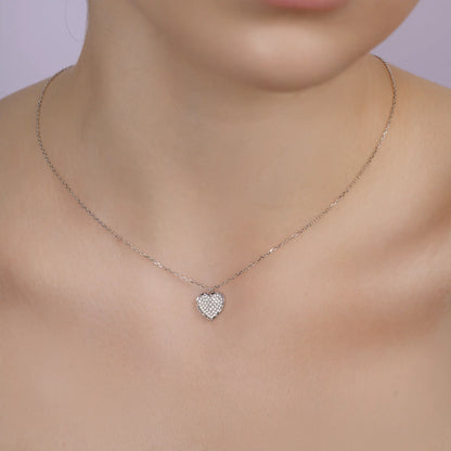 925 Sterling Silver Rhodium Plated 11mm x 13mm Heart CZ Studded Adjustable Necklace