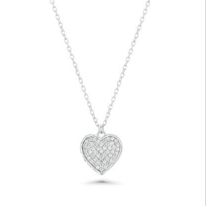 925 Sterling Silver Rhodium Plated 11mm x 13mm Heart CZ Studded Adjustable Necklace