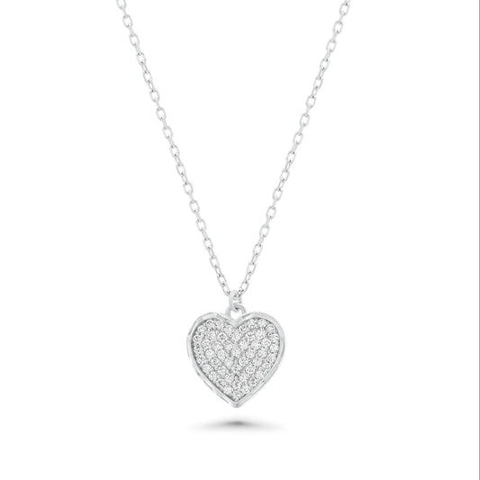 925 Sterling Silver Rhodium Plated 11mm x 13mm Heart CZ Studded Adjustable Necklace