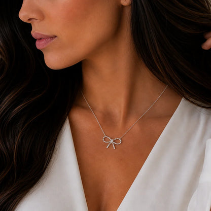 925 Sterling Silver Rhodium Plated Diamond Cut Dainty Ribbon Bow Necklace