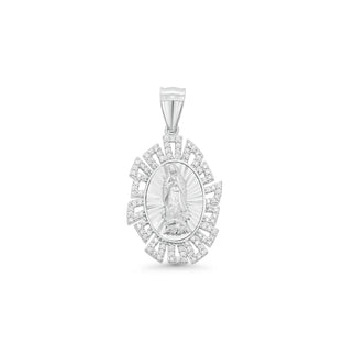 925 Sterling Silver Rhodium Plated Diamond Cut Sunburst Halo Our Lady of Guadalupe Pendant