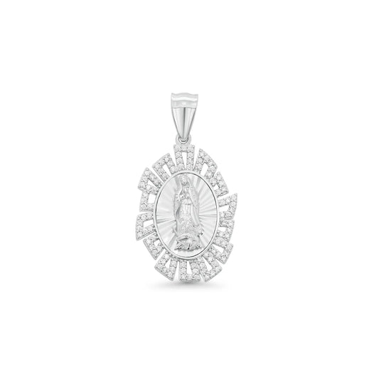 925 Sterling Silver Rhodium Plated Diamond Cut Sunburst Halo Our Lady of Guadalupe Pendant