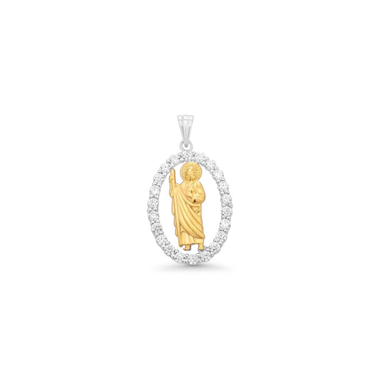 925 Sterling Silver Two-Tone Saint Jude Oval Clear CZ Pendant