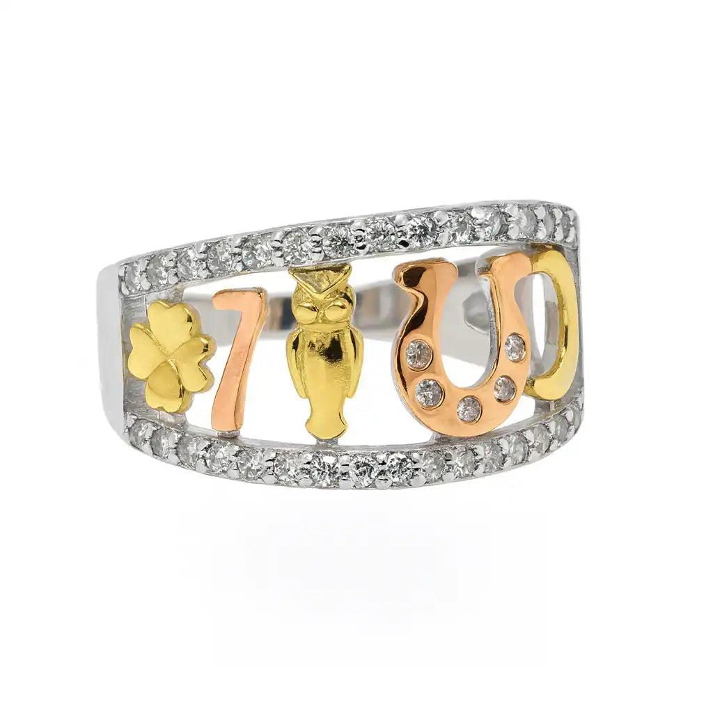 925 Sterling Silver Two-Tone Plated Lucky Charms Rings CZ Accents Ring