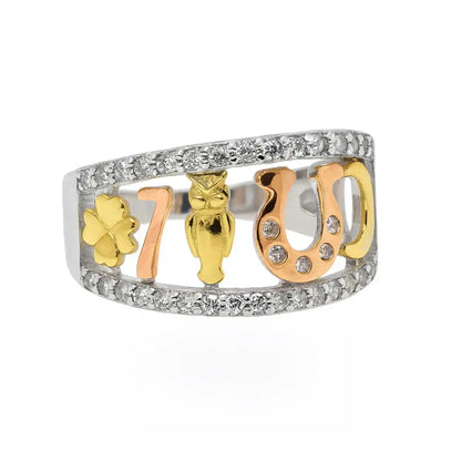 925 Sterling Silver Two-Tone Plated Lucky Charms Rings CZ Accents Ring