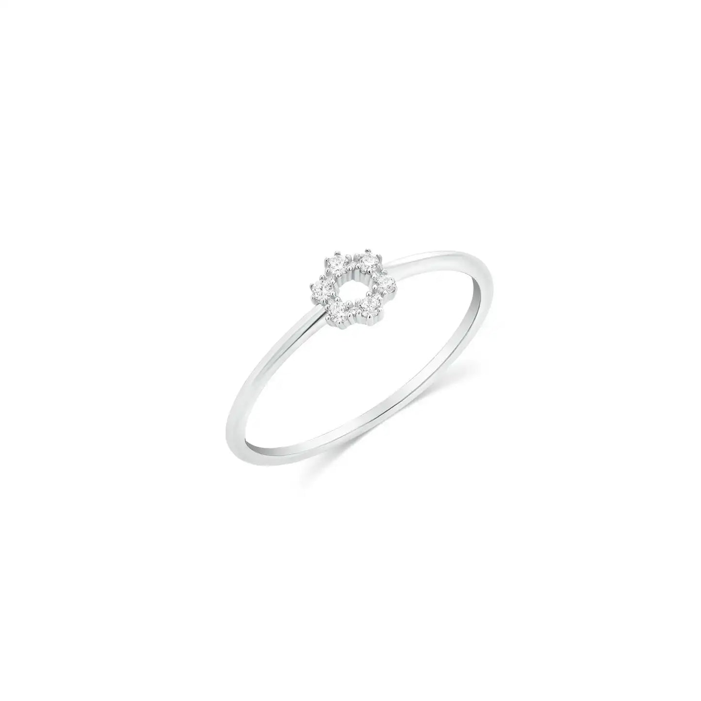 925 Sterling Silver Rhodium Plated Minimalist Flower Clear CZ 1.2mm Band Ring