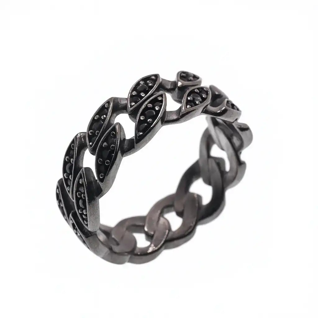 925 Sterling Silver Black Rhodium Plated Men's Cuban Black CZ 7mm Ring