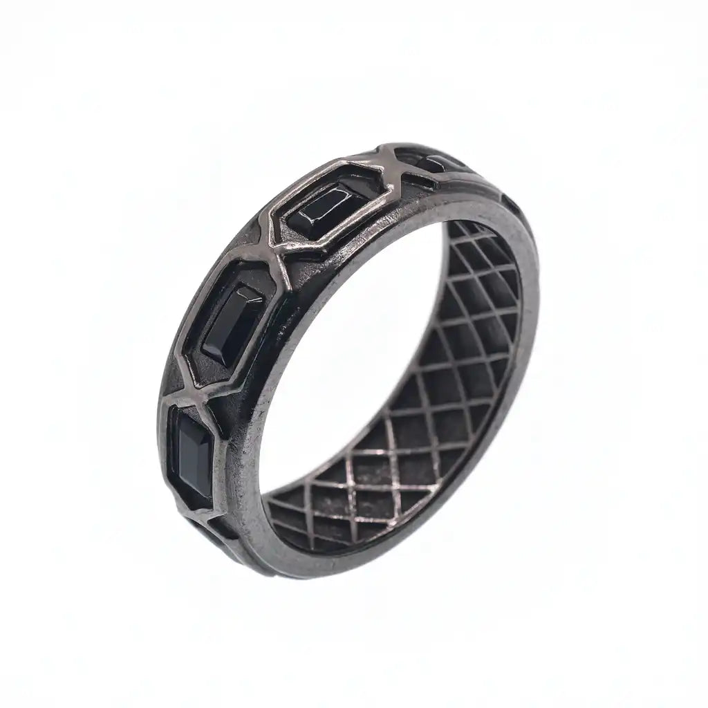 925 Sterling Silver Black Rhodium Plated Men's Baguette Black CZ 7mm Ring
