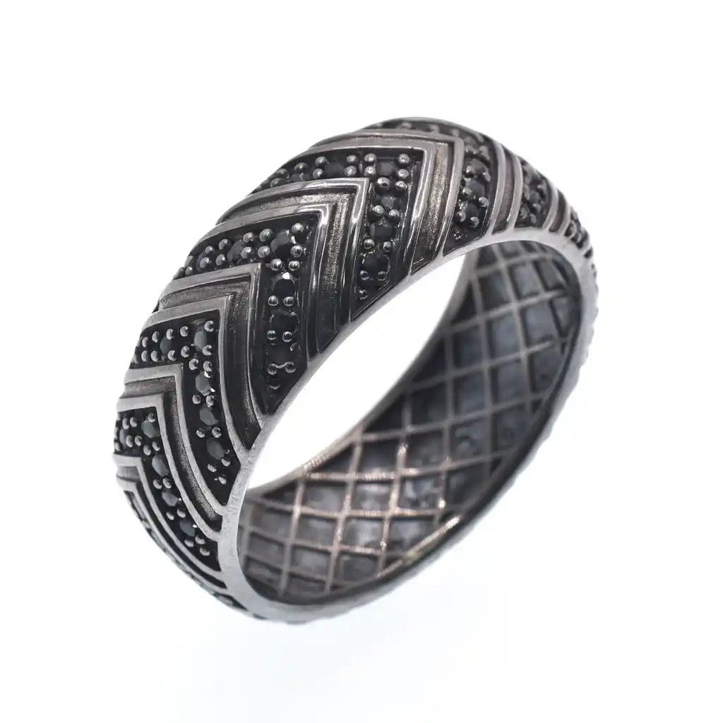 925 Sterling Silver Black Rhodium Plated Men's Pattern Band Black CZ 8.3mm Ring