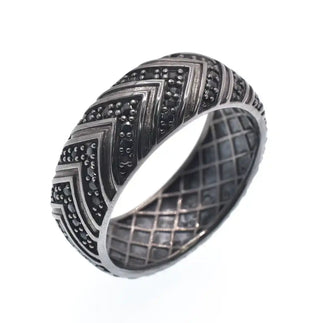 925 Sterling Silver Black Rhodium Plated Men's Pattern Band Black CZ 8.3mm Ring