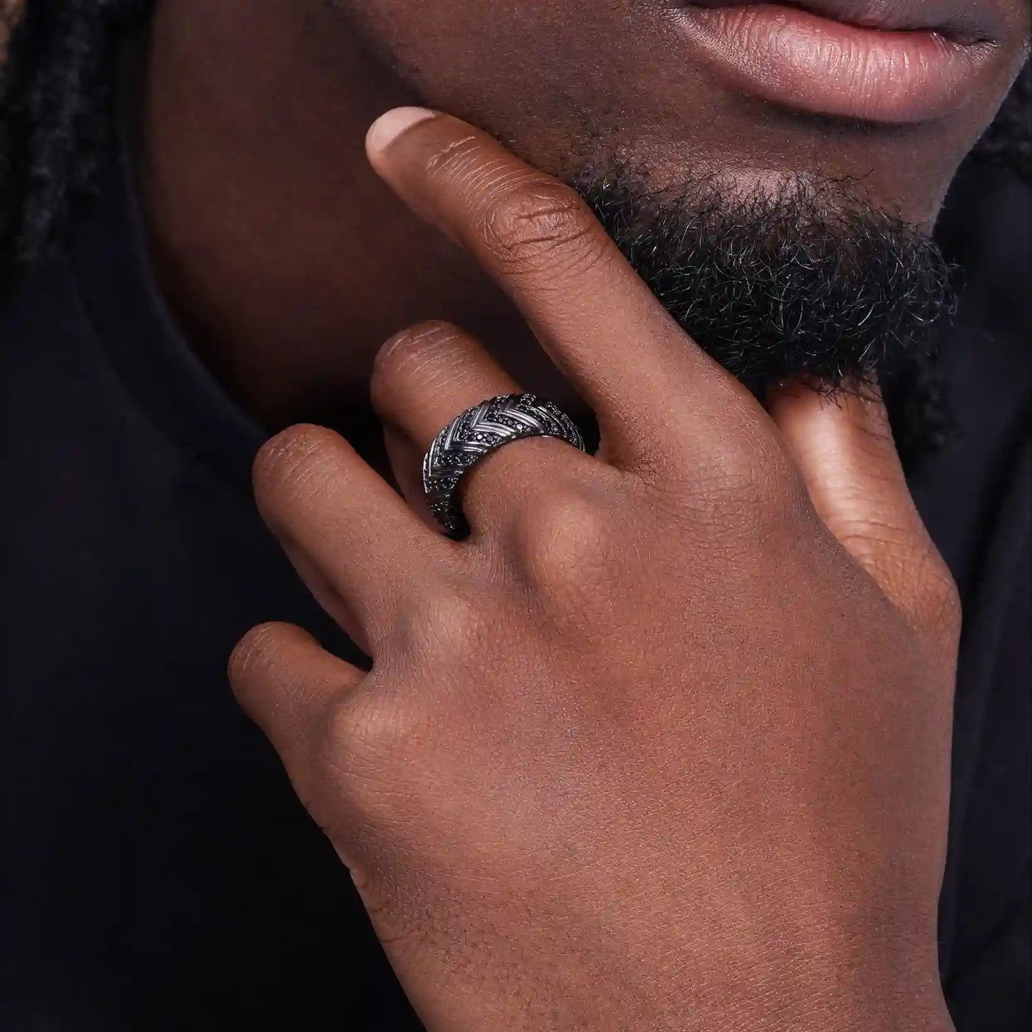 925 Sterling Silver Black Rhodium Plated Men's Pattern Band Black CZ 8.3mm Ring