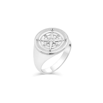 925 Sterling Silver Rhodium Plated Men's Compass Face 17.7mm Ring