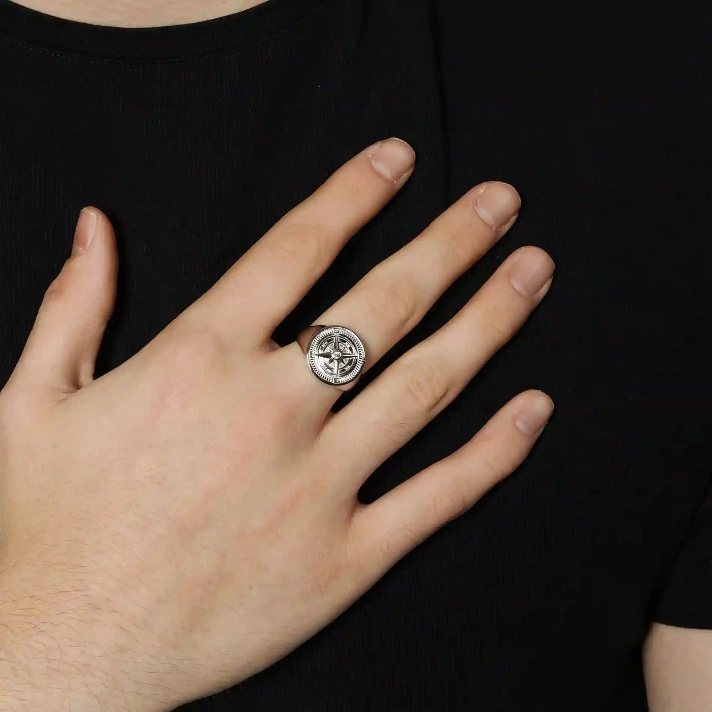 925 Sterling Silver Rhodium Plated Men's Compass Face 17.7mm Ring