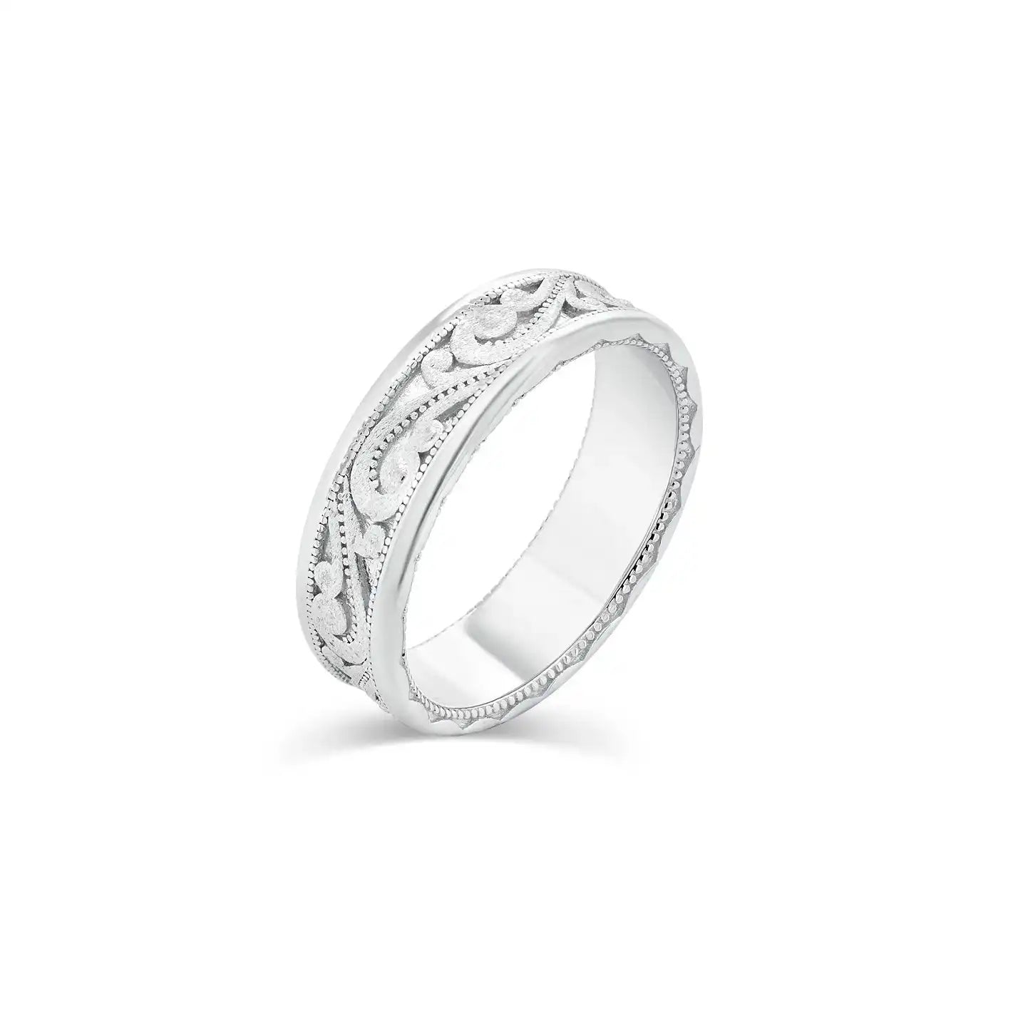 925 Sterling Silver Rhodium Plated Men's Satin Finish Ornate 6.8mm Ring
