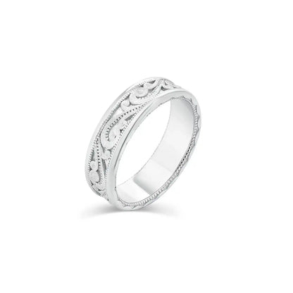 925 Sterling Silver Rhodium Plated Men's Satin Finish Ornate 6.8mm Ring