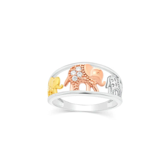 925 Sterling Silver Tri-Tone Plated Elephant Clear CZ 9mm Ring