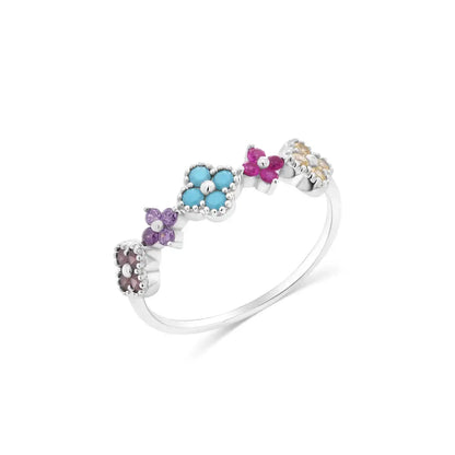 925 Sterling Silver Rhodium Plated Multi Color CZ Flower Ring