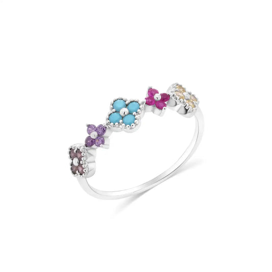 925 Sterling Silver Rhodium Plated Multi Color CZ Flower Ring
