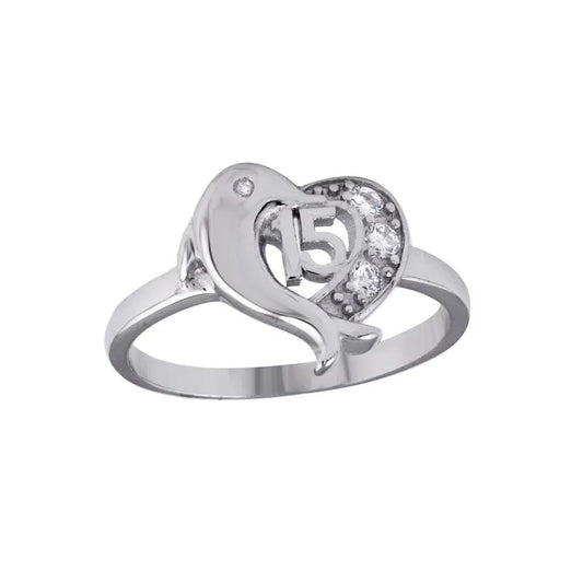 925 Sterling Silver Rhodium Plated Crown 15 Heart Dolphin Ring with CZ
