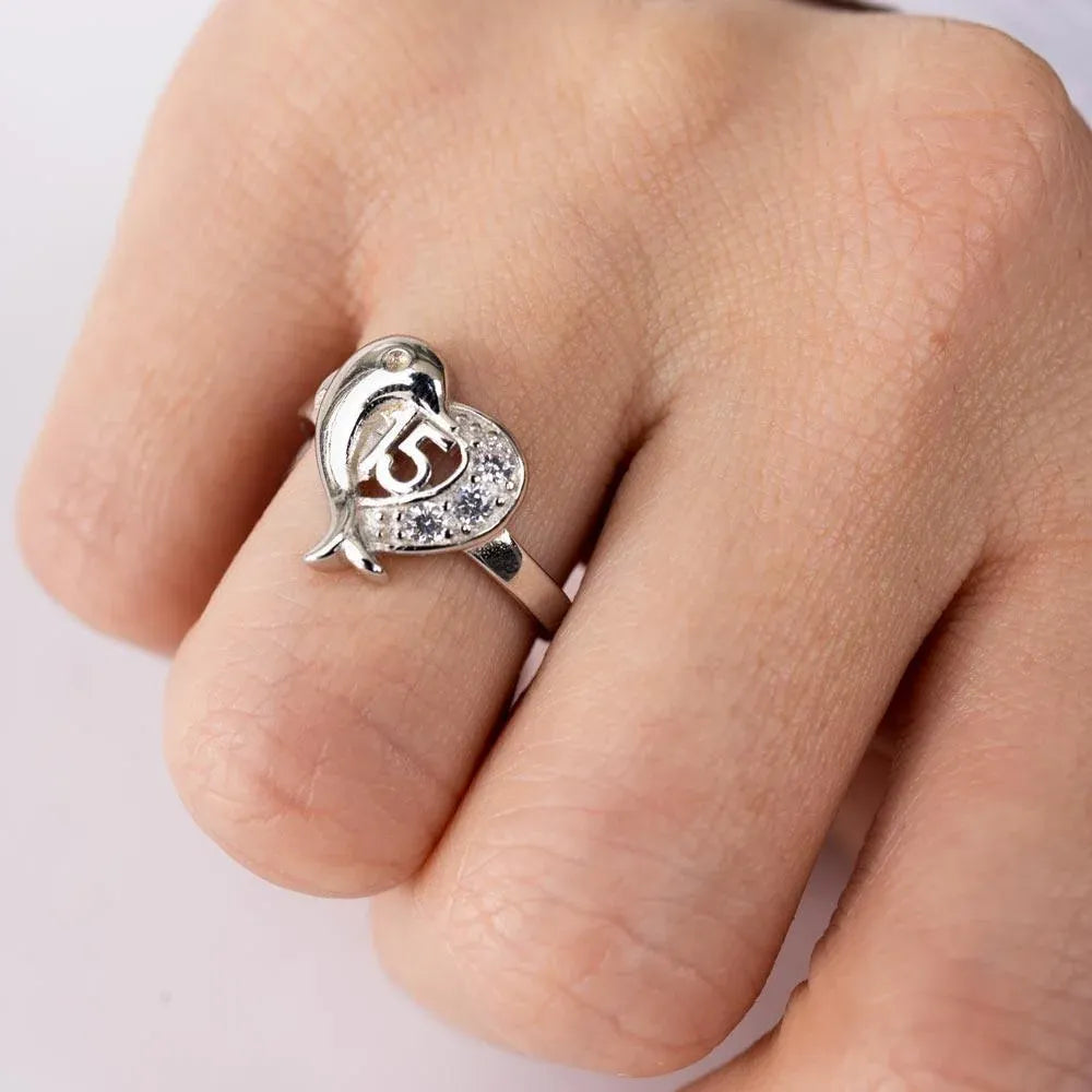 925 Sterling Silver Rhodium Plated Crown 15 Heart Dolphin Ring with CZ