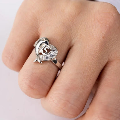 925 Sterling Silver Rhodium Plated Crown 15 Heart Dolphin Ring with CZ