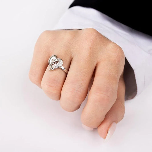 925 Sterling Silver Rhodium Plated Crown 15 Heart Dolphin Ring with CZ