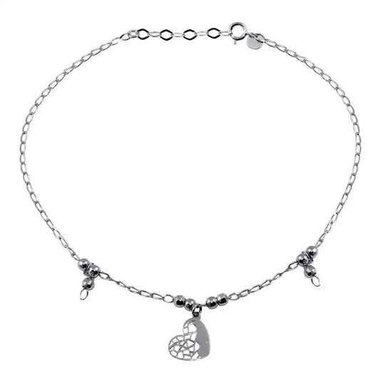 925 Sterling Silver Rhodium Plated Heart and Beads Anklet