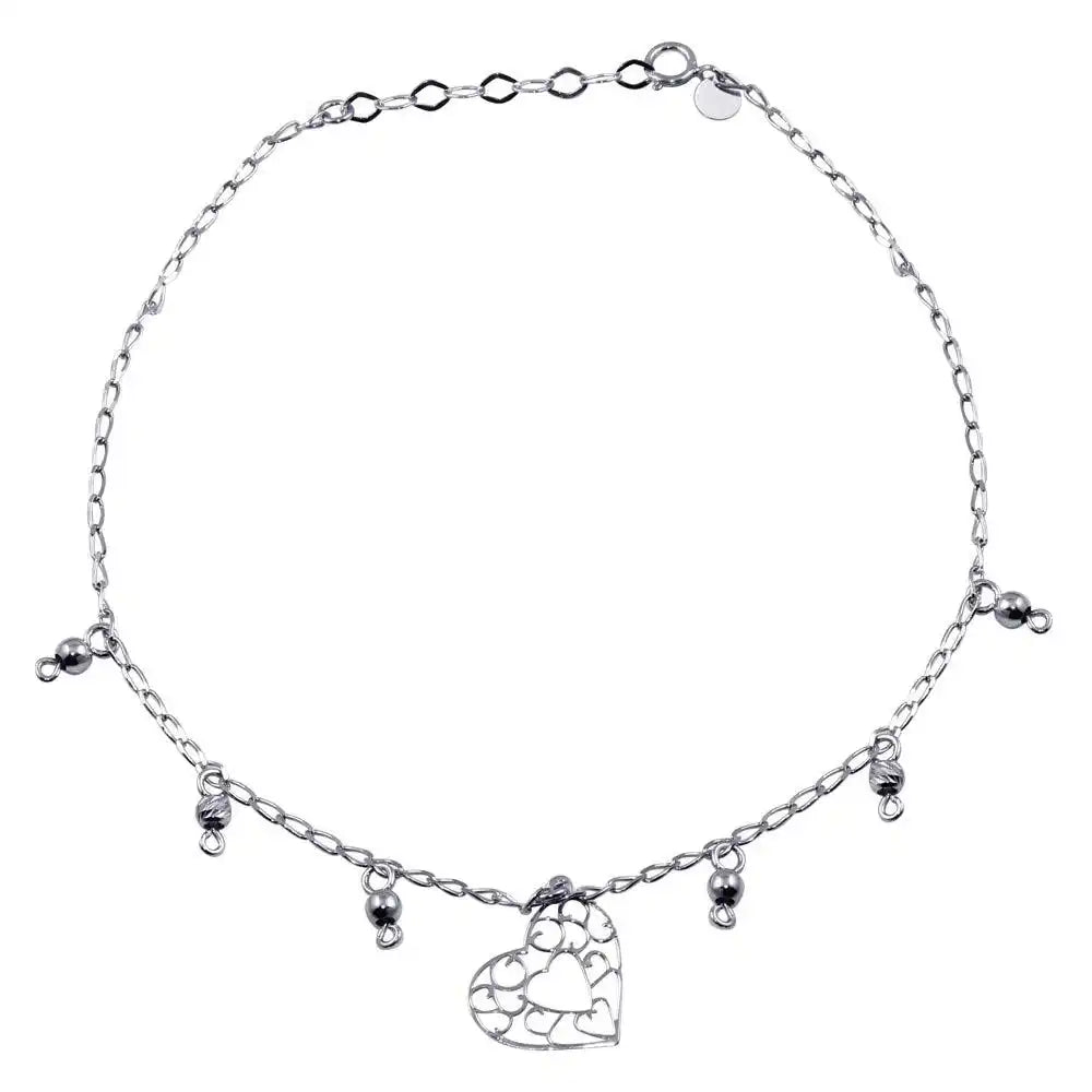 925 Sterling Silver Rhodium Plated Heart Charm Anklet