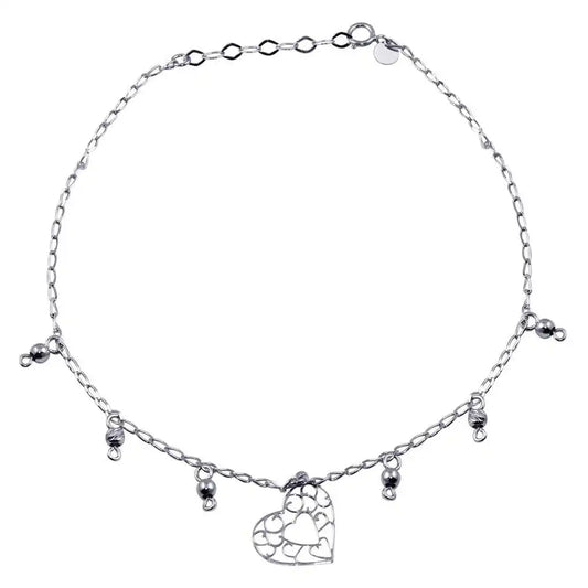 925 Sterling Silver Rhodium Plated Heart Charm Anklet