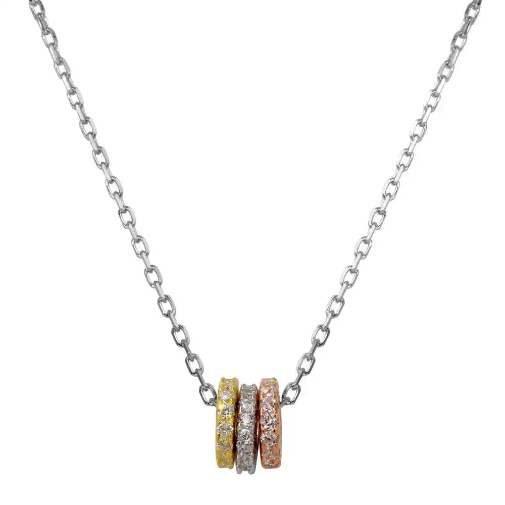 925 Sterling Silver Three-Tone Plated Trio Mechanic Ring Necklace with CZ