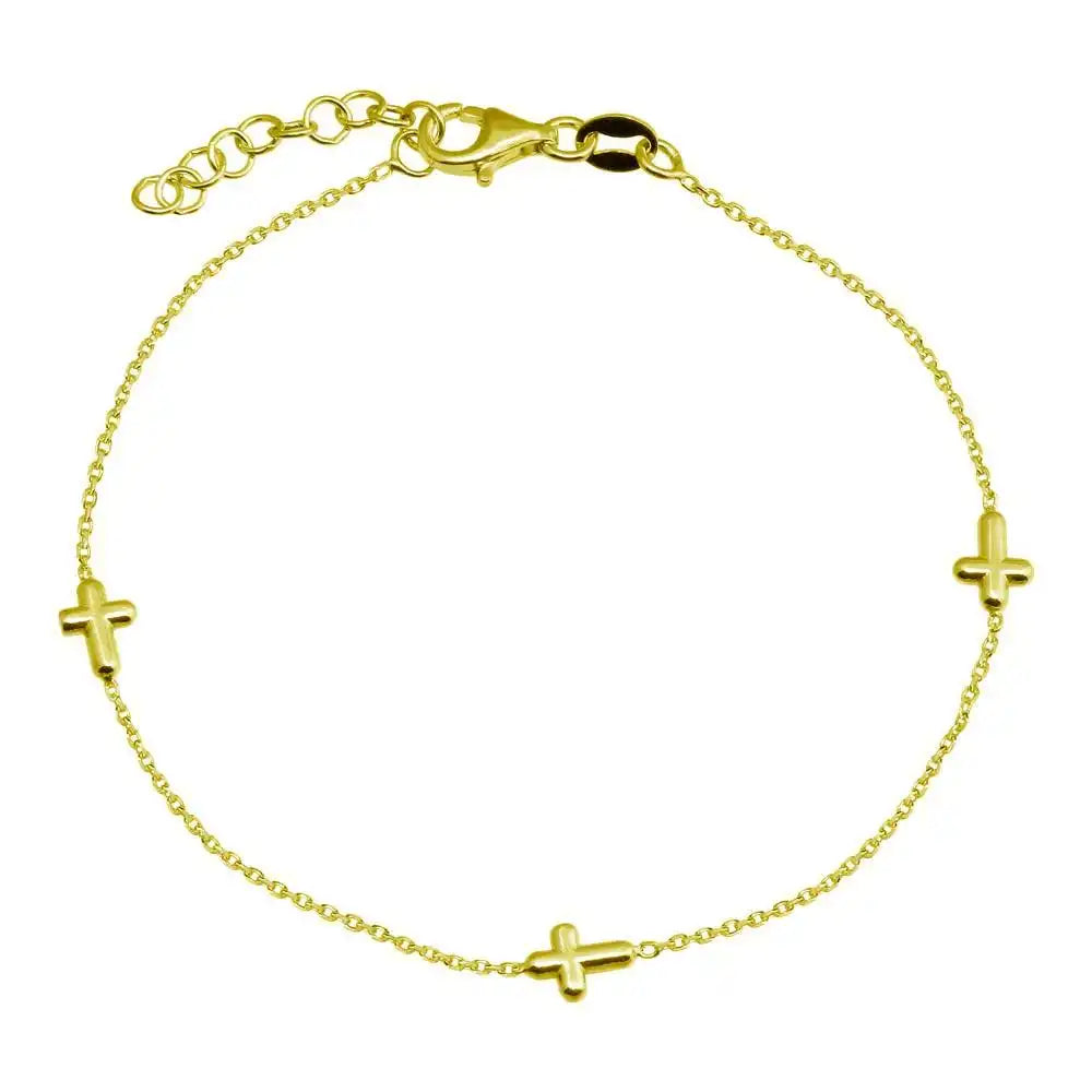 925 Sterling Silver Gold Plated Single Strand Bracelet with 3 Cross