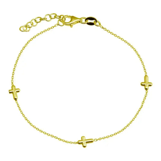 925 Sterling Silver Gold Plated Single Strand Bracelet with 3 Cross