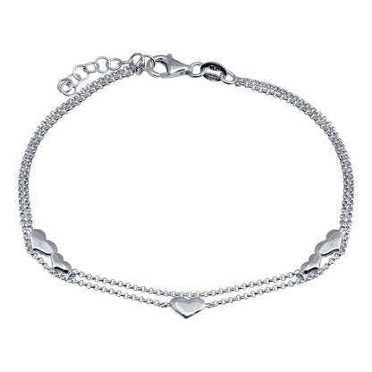 925 Sterling Silver Rhodium Plated Adjustable Double Strand Multi Heart Bracelet