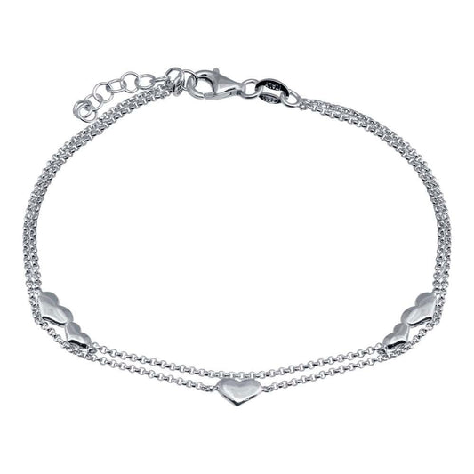 925 Sterling Silver Rhodium Plated Adjustable Double Strand Multi Heart Bracelet
