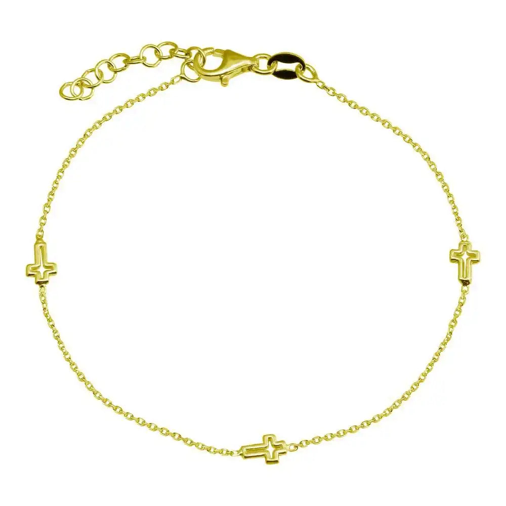 925 Sterling Silver Gold Plated SIngle Strand Bracelet with 3 Cross