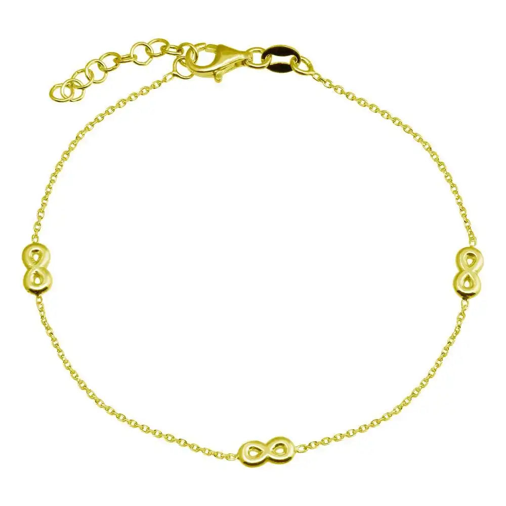 925 Sterling Silver Gold Plated Single Strand Bracelet with 3 Infinity Element