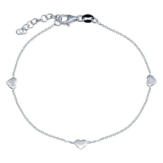 925 Sterling Silver Rhodium Plated Single Strand Bracelet with 3 Hearts Element