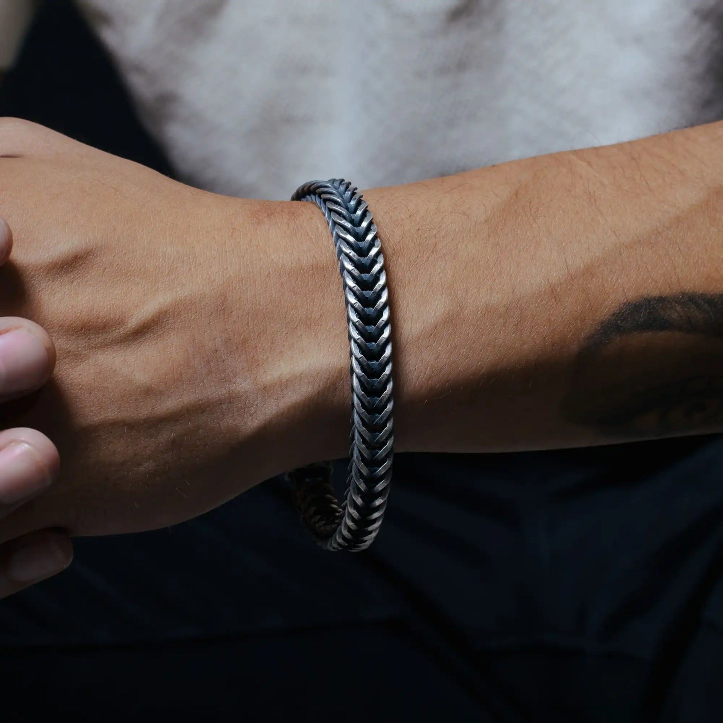 925 Sterling Silver Hand Made Gun Metal Finish Wide Braided Bracelet 9.4mm