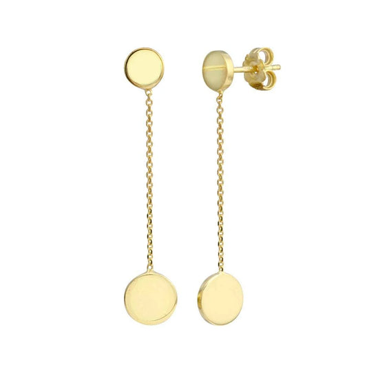 925 Sterling Silver Gold Plated 2 Disc Connected with Chain Earring