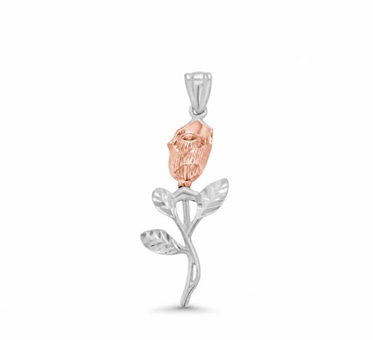 925 Sterling Silver Rhodium Plated Diamond Cut Rose Stem Pendant