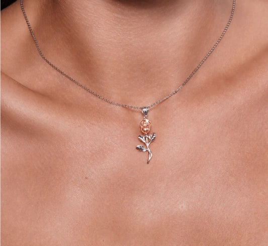 925 Sterling Silver Rhodium Plated Diamond Cut Rose Stem Pendant