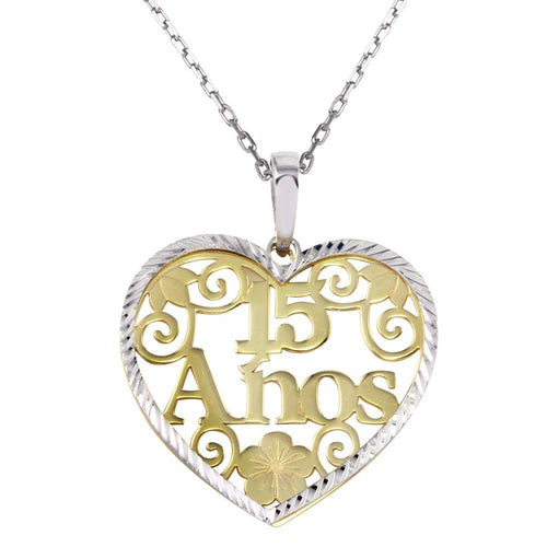 925 Sterling Silver Two-Tone 15 Anos Heart Pendant Necklace - SOP00073