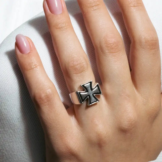 925 Sterling Silver Rhodium and Black Rhodium Plated High Polish Cross Ring