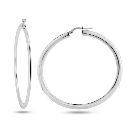 925 Sterling Silver Rhodium Plated 2mm Hollow Loop Latch Back Earrings